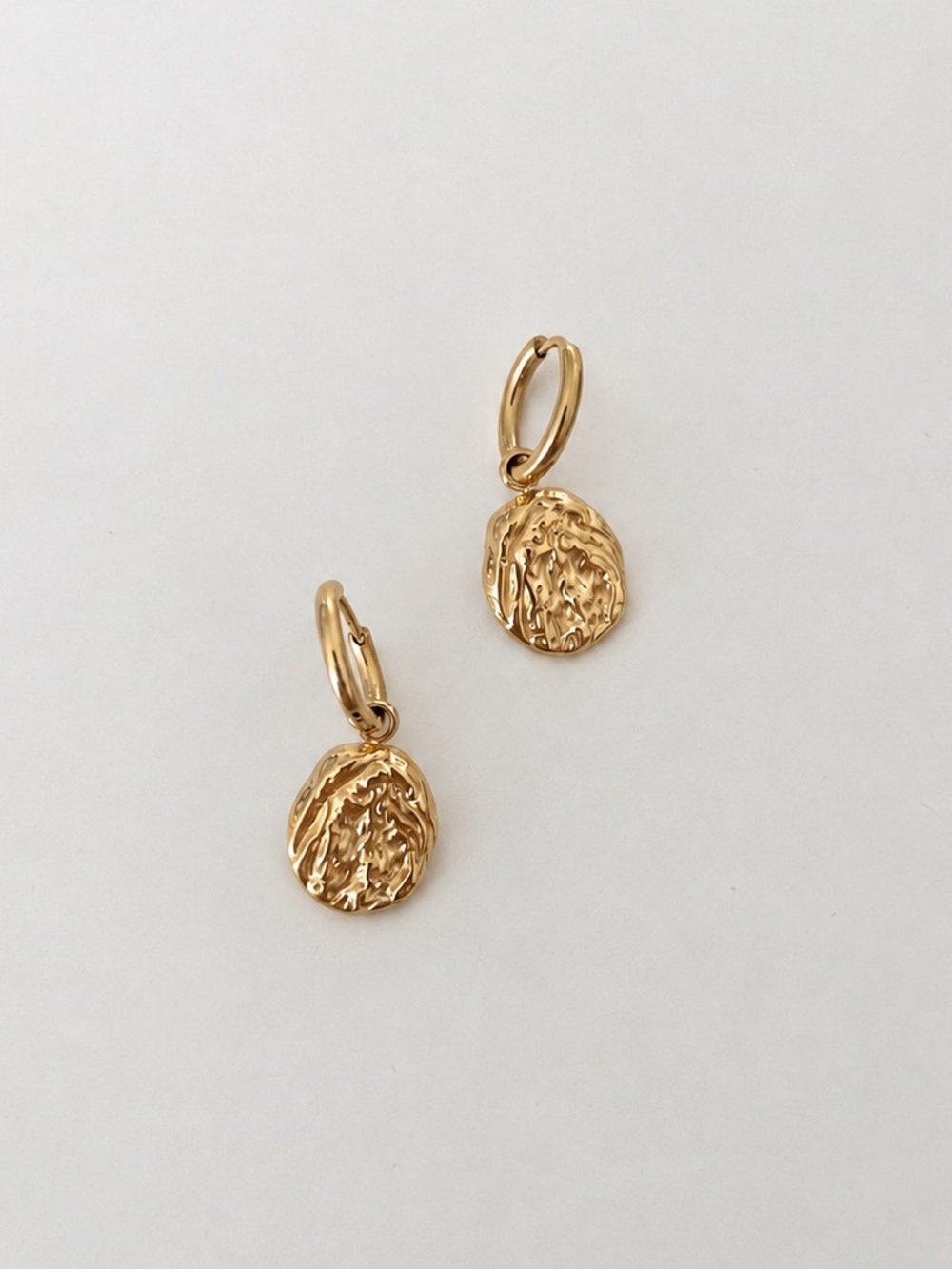 18K Gold Plated Textured Medallion Huggie Drop Earrings